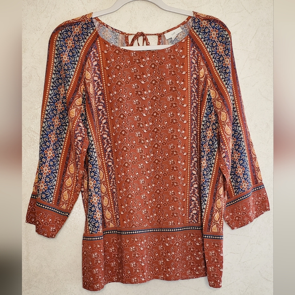 J. Jill Orange and Blue 3/4 Sleeve Tie Back Blouse Size:MP